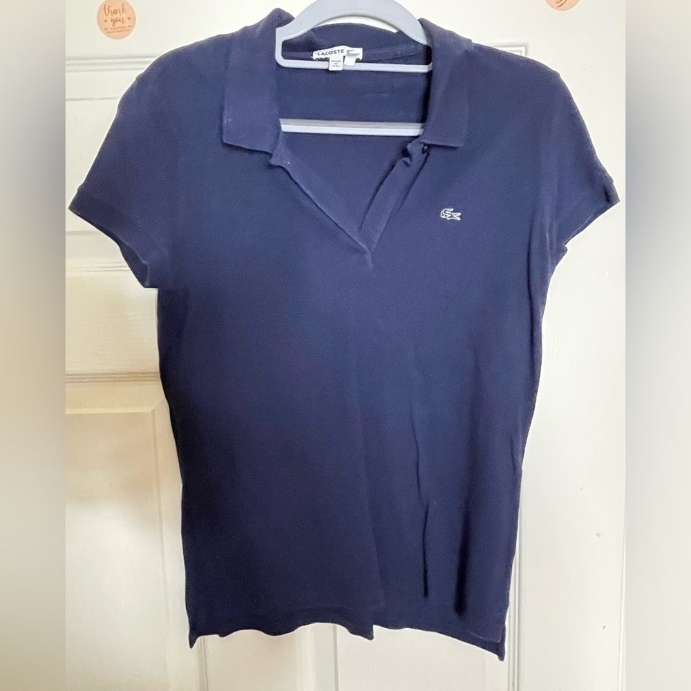 Lacoste Womens Dark blue Knit 1/4 Button Down Solid Polo Top Shirt size 40  - Picture 8 of 9